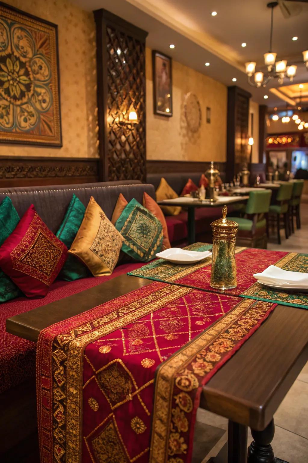 The restaurant features luxurious fabrics in its silk cushions and table runners.