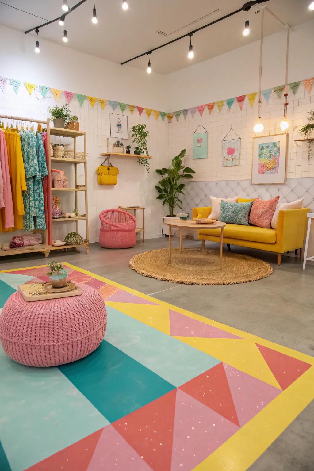 Vibrant dyes create a unique and colorful concrete floor.
