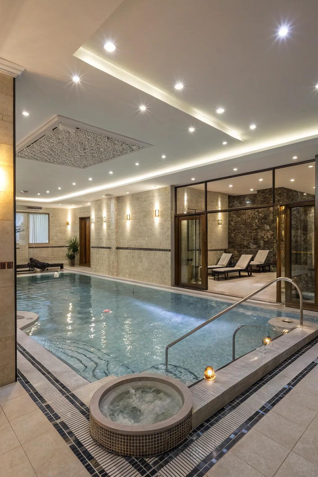 An indoor pool exhibiting an integrated whirlpool for maximum relaxation