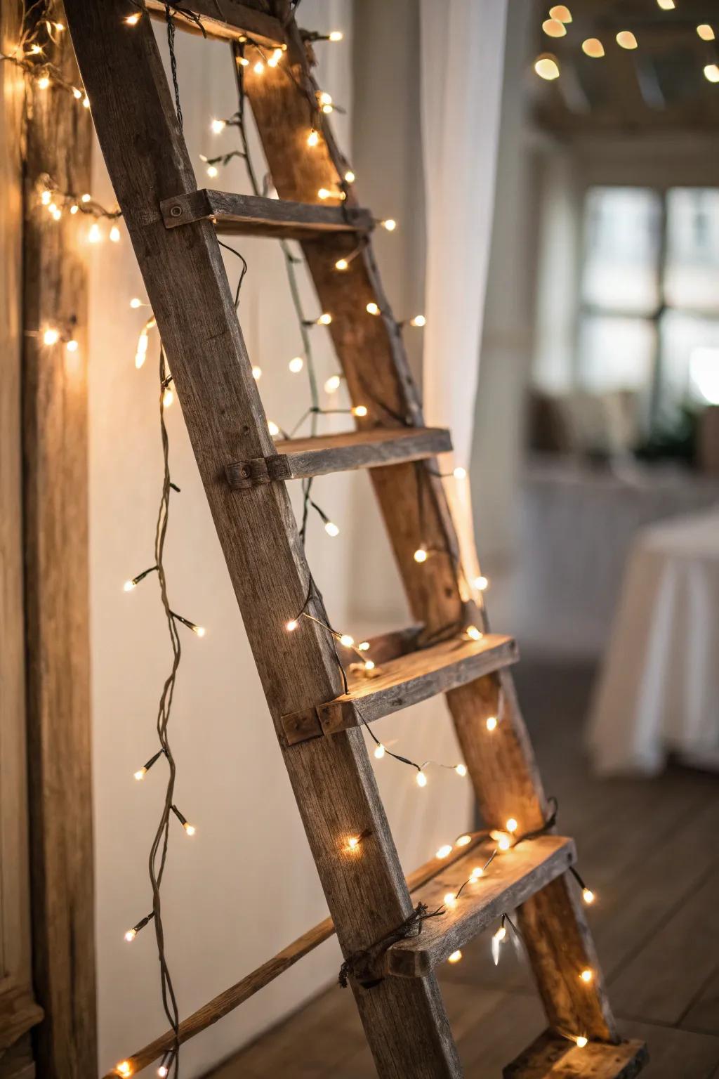 Enhance every space with the allure of a rustic ladder ornamented with twinkle lights.