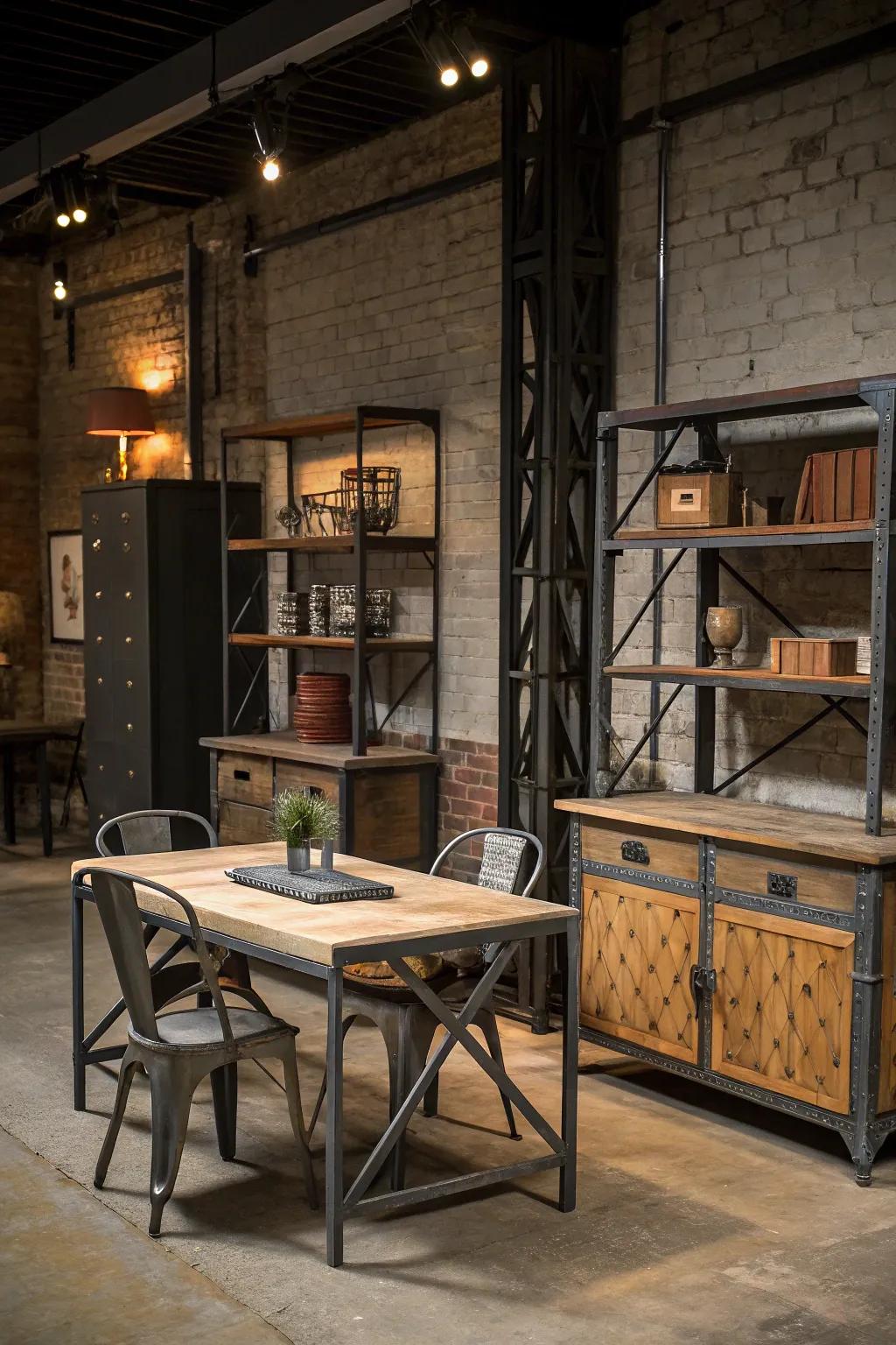 Industrial-style furniture blends metal and wood for a classic look.