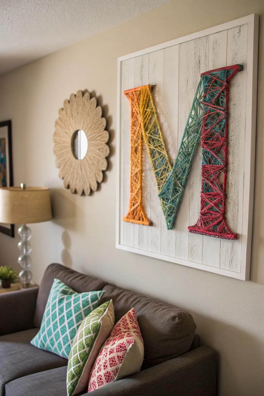String art initials provide a unique handcrafted touch.