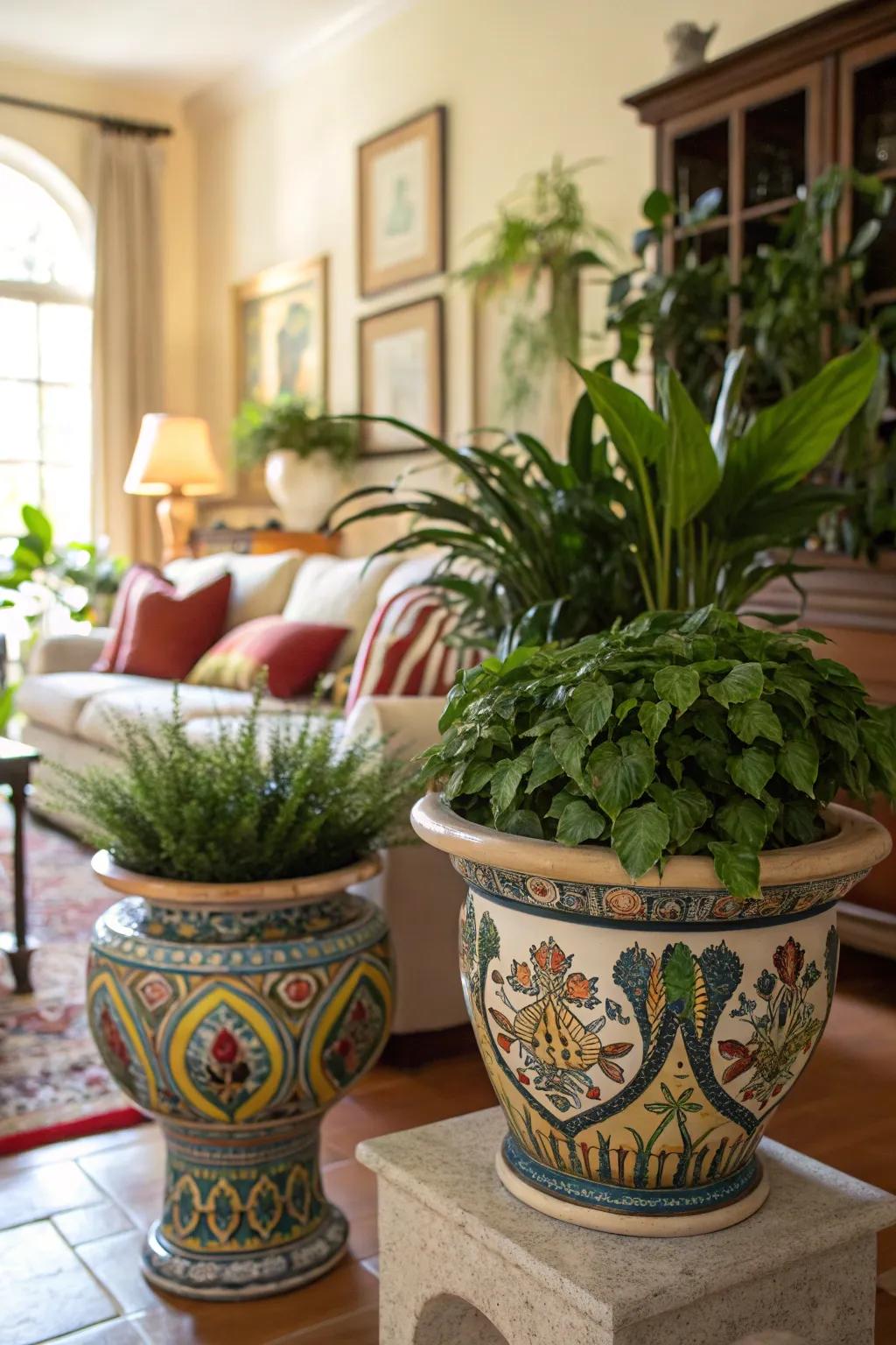 Painted planting pots introduce a colorful and artistic flair to your home.