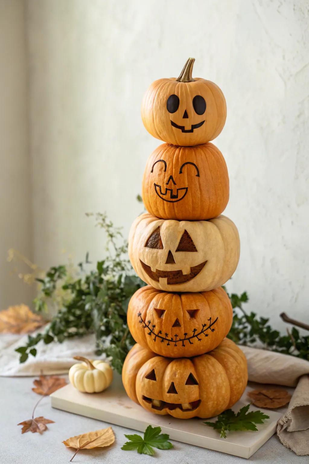 Elevate your Halloween decorations with a charming stack of expressive jack-o'-lanterns!