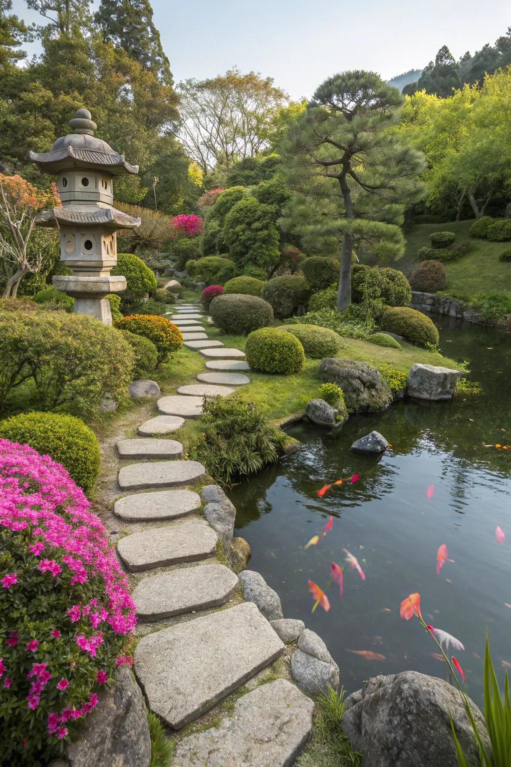 A harmonious mix of organic elements in a Japanese garden.