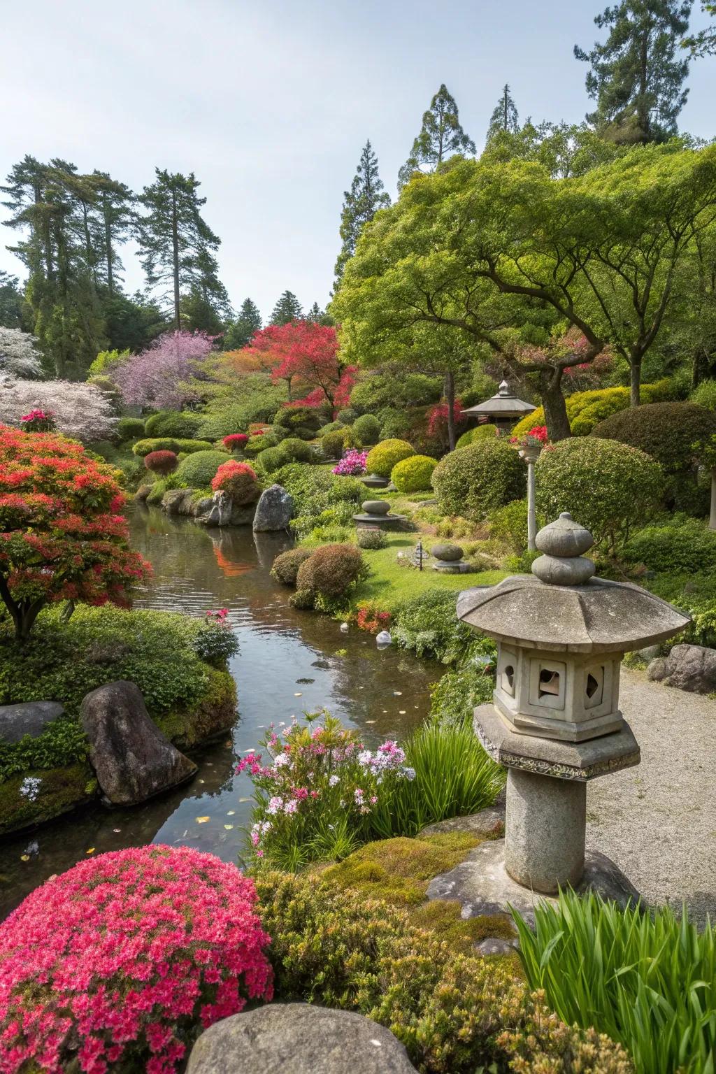 Bright seasonal foliage and flowers in a Japanese garden.