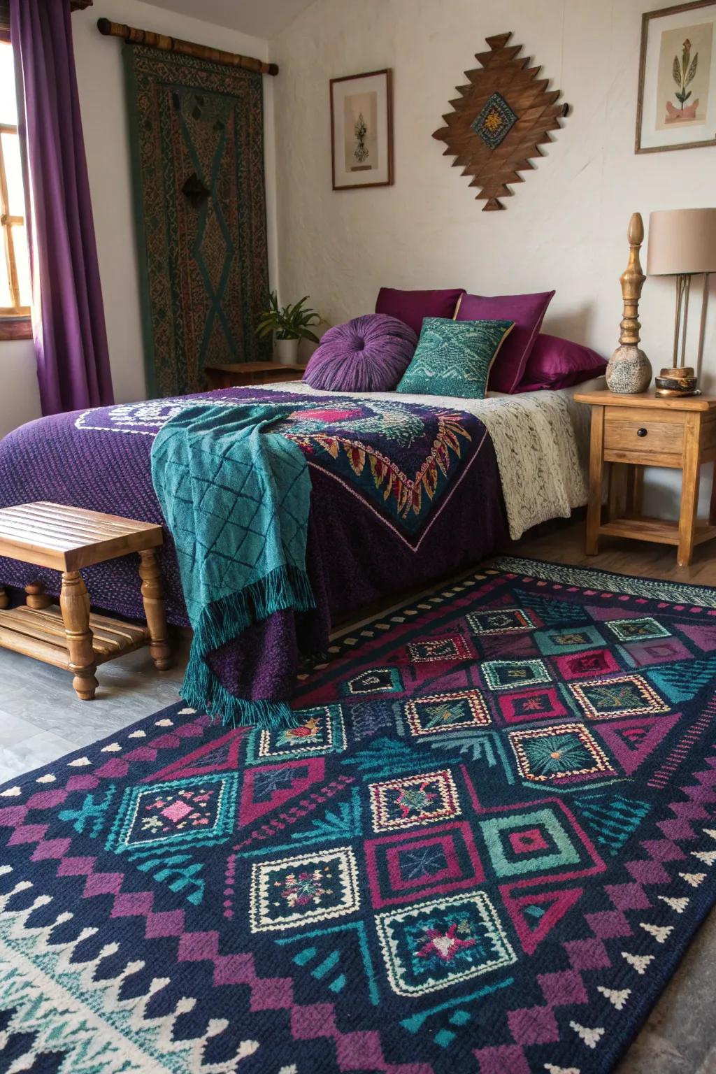 A patterned rug harmonizes jewel tones and introduces a compelling visual dynamic.