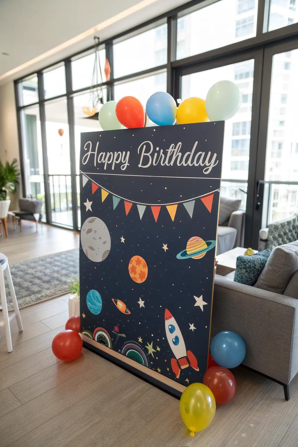 A space-themed birthday board that creates a cosmic celebration.
