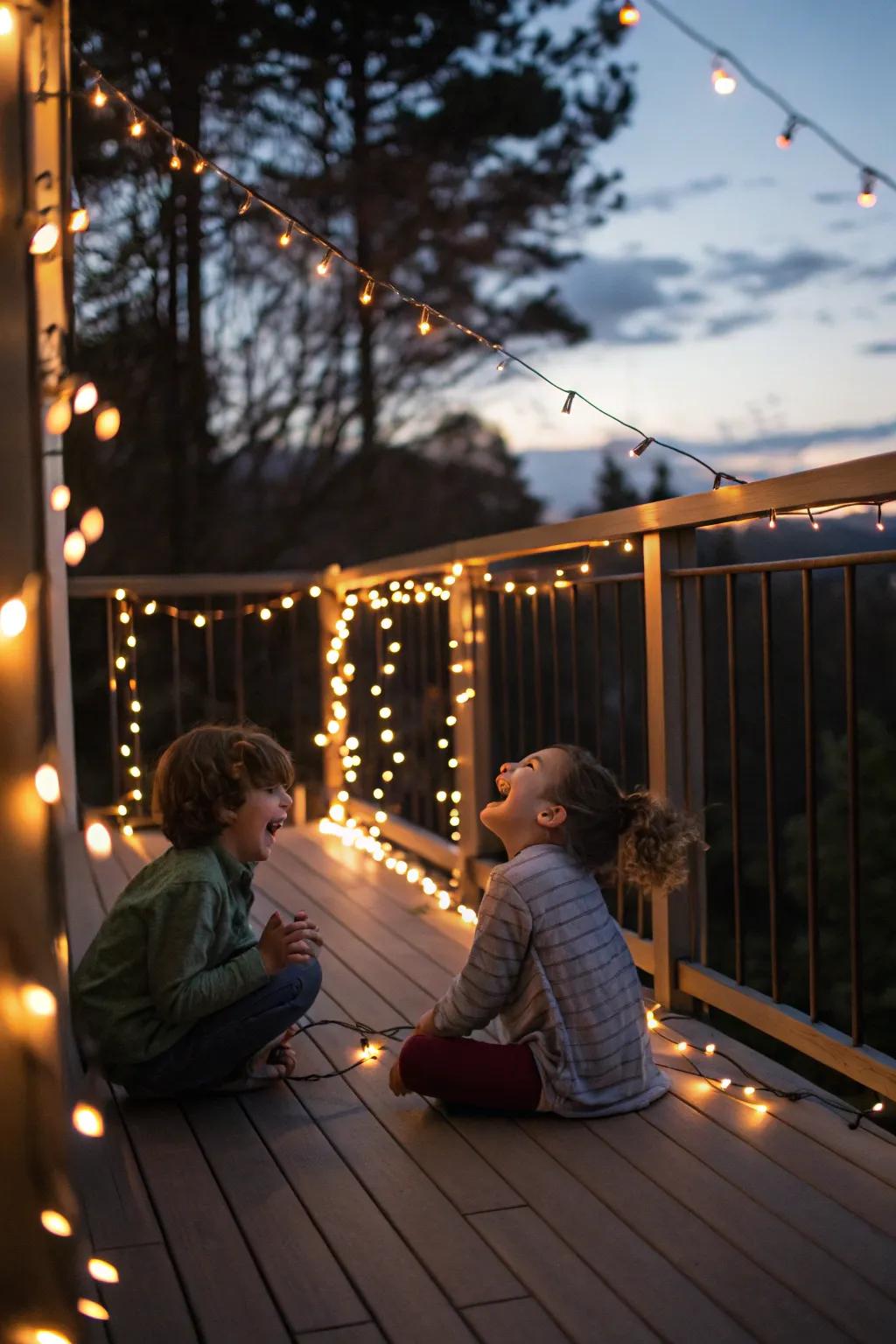 A deck illuminated by solar twinkle lights at dusk where children are playing.