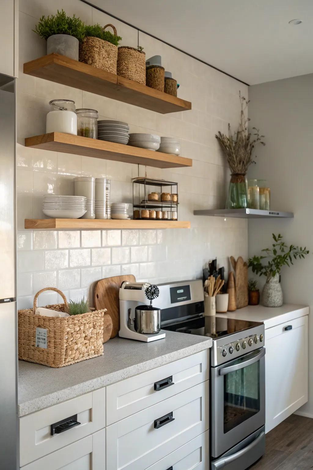 Stacked shelves for added dimension.