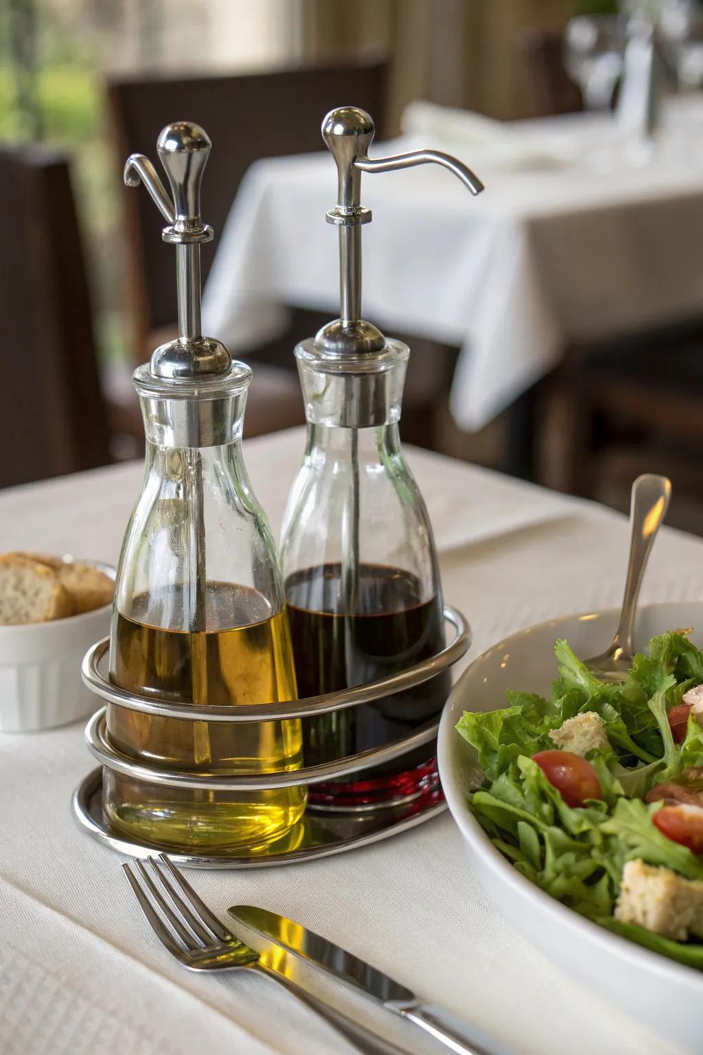 Enhance your dining moments with an elegant condiment dispenser set.