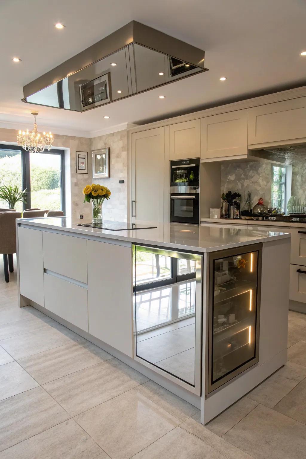 Mirrored rear panels reflect light beautifully, fostering a sense of spaciousness in this cooking area.