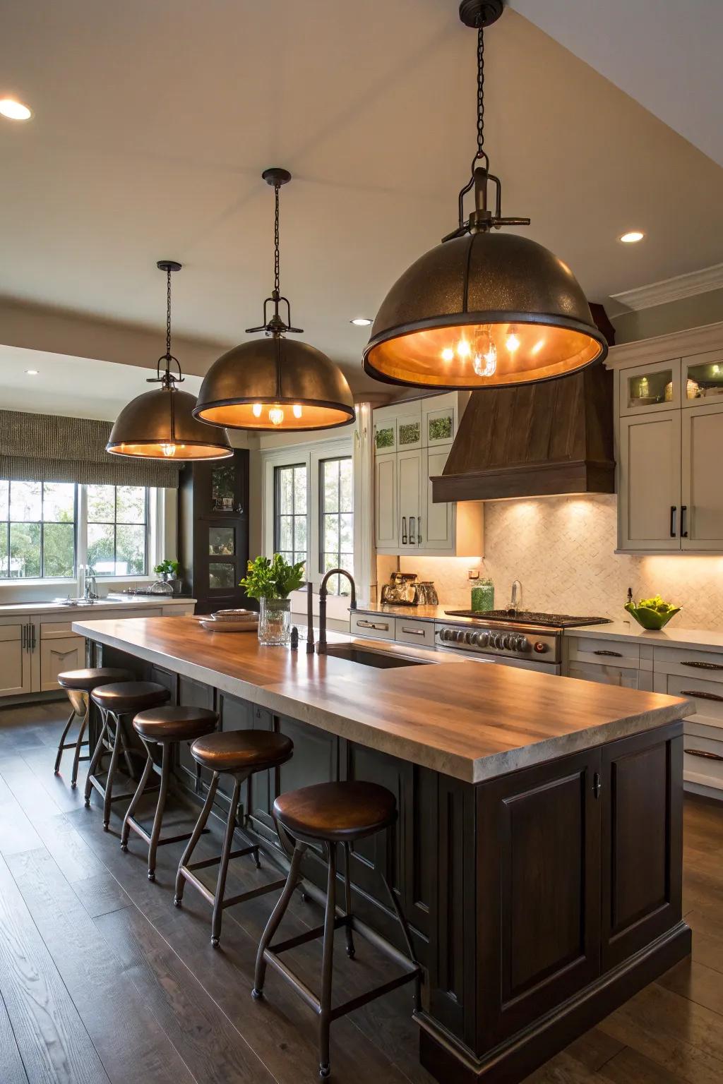 Large lighting fixtures craft an emphatic statement above your kitchen area.