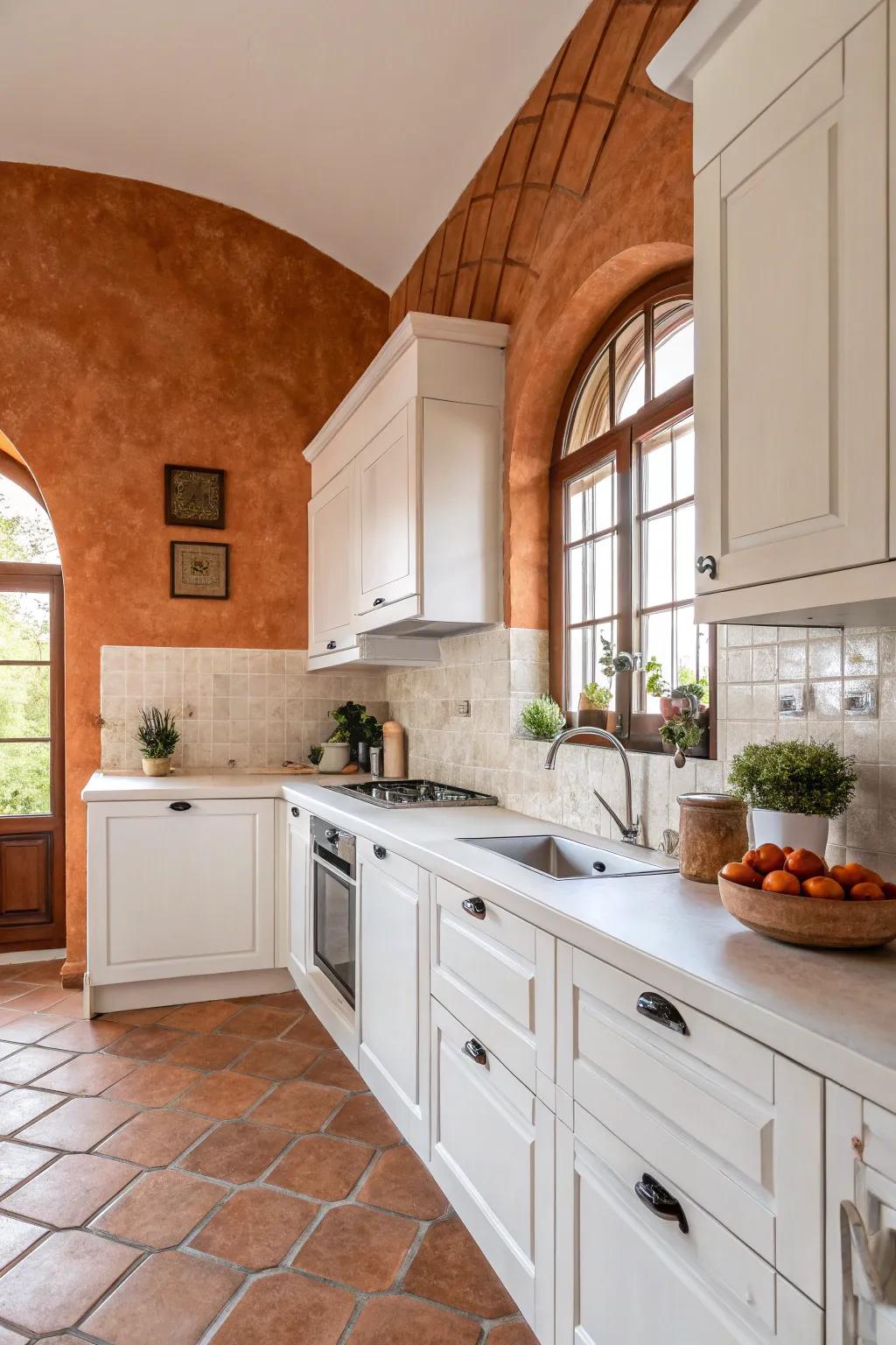 Baked clay walls bring warmth and character to your cooking area.