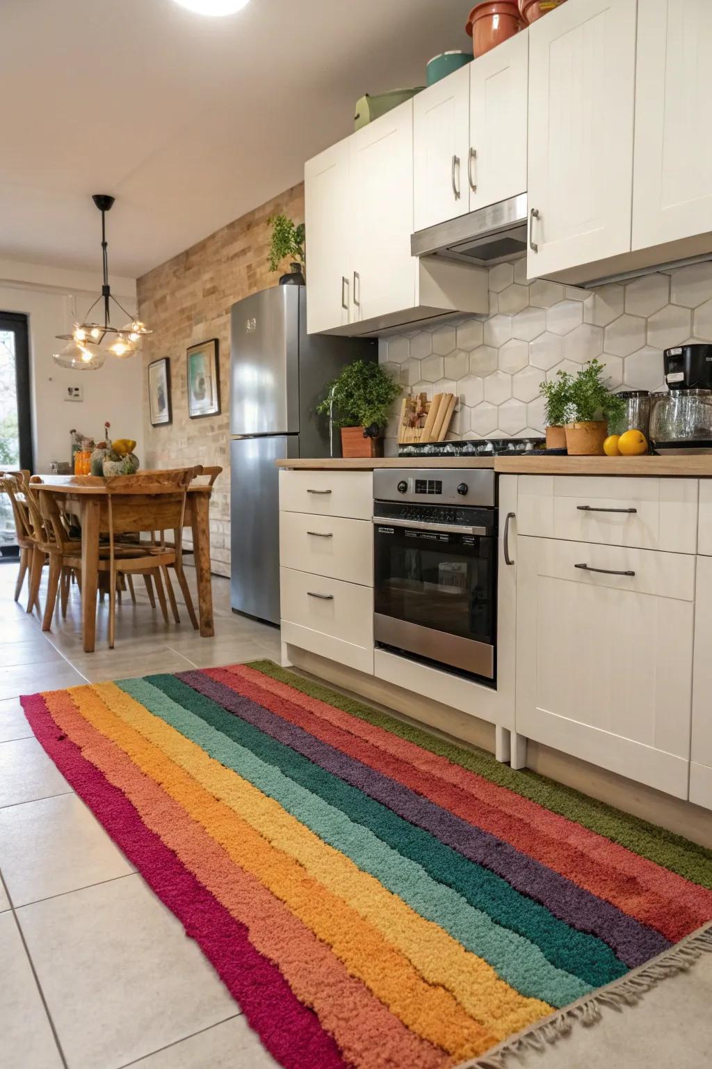 An unconventional splash of color in your rug has the potential to contribute joy and character to your kitchen.