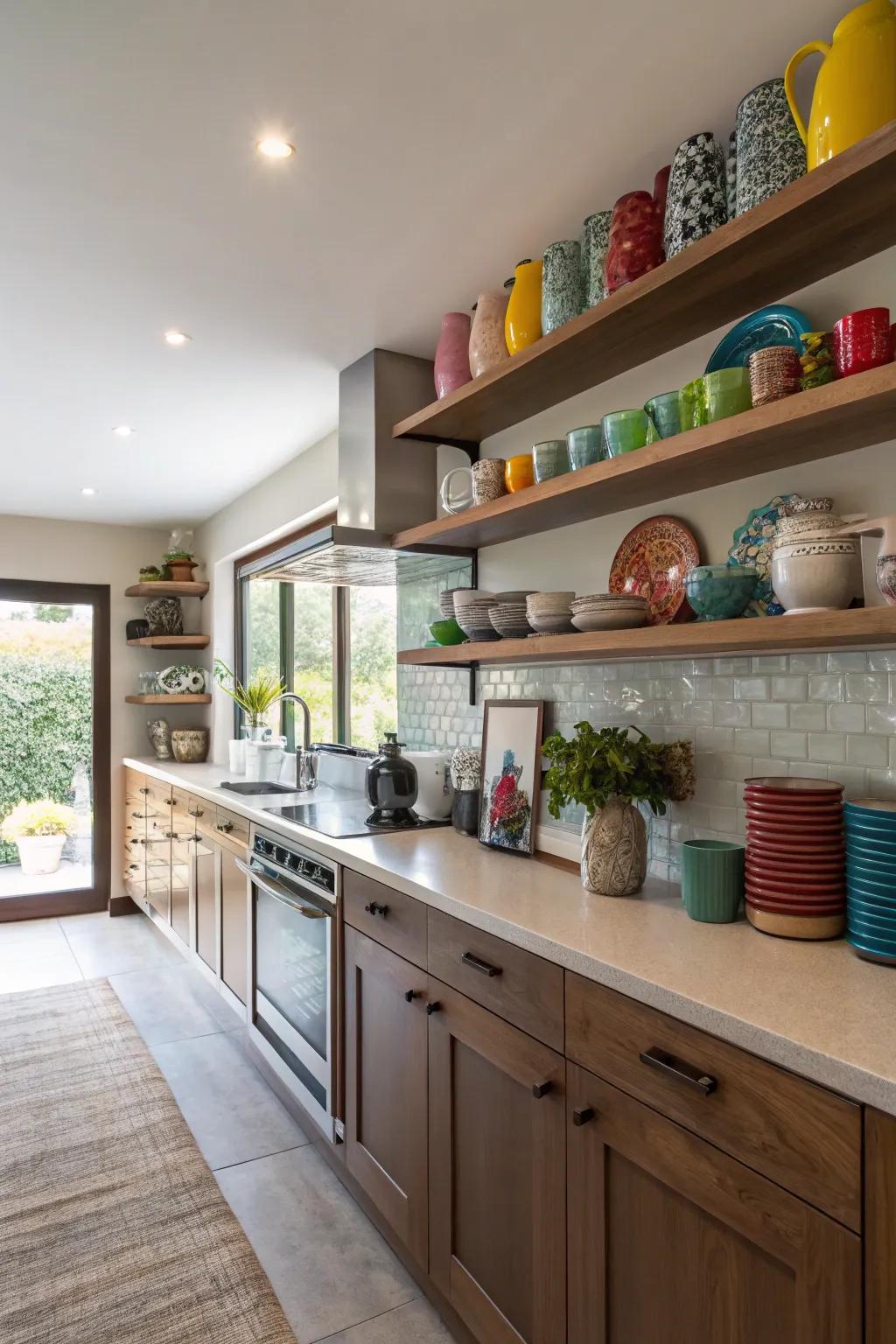 An open shelf replacing the soffit, putting kitchen elements on display.