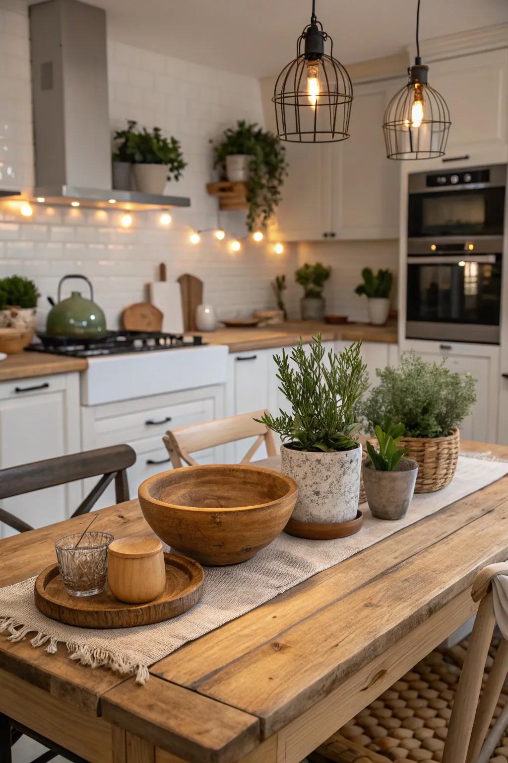 Country tables bring warmth and charm to modern kitchens.