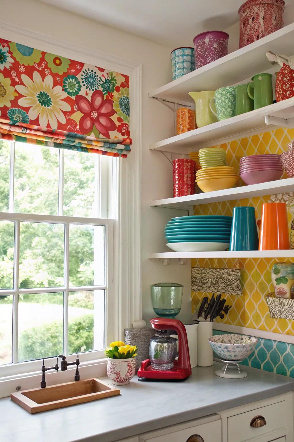 A bold backdrop of color injects vibrancy and character into kitchen shelves.