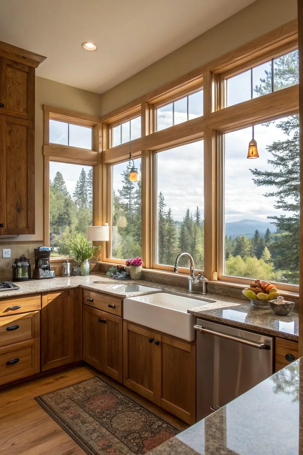 A radiant culinary space featuring angled panes affording dual perspectives.