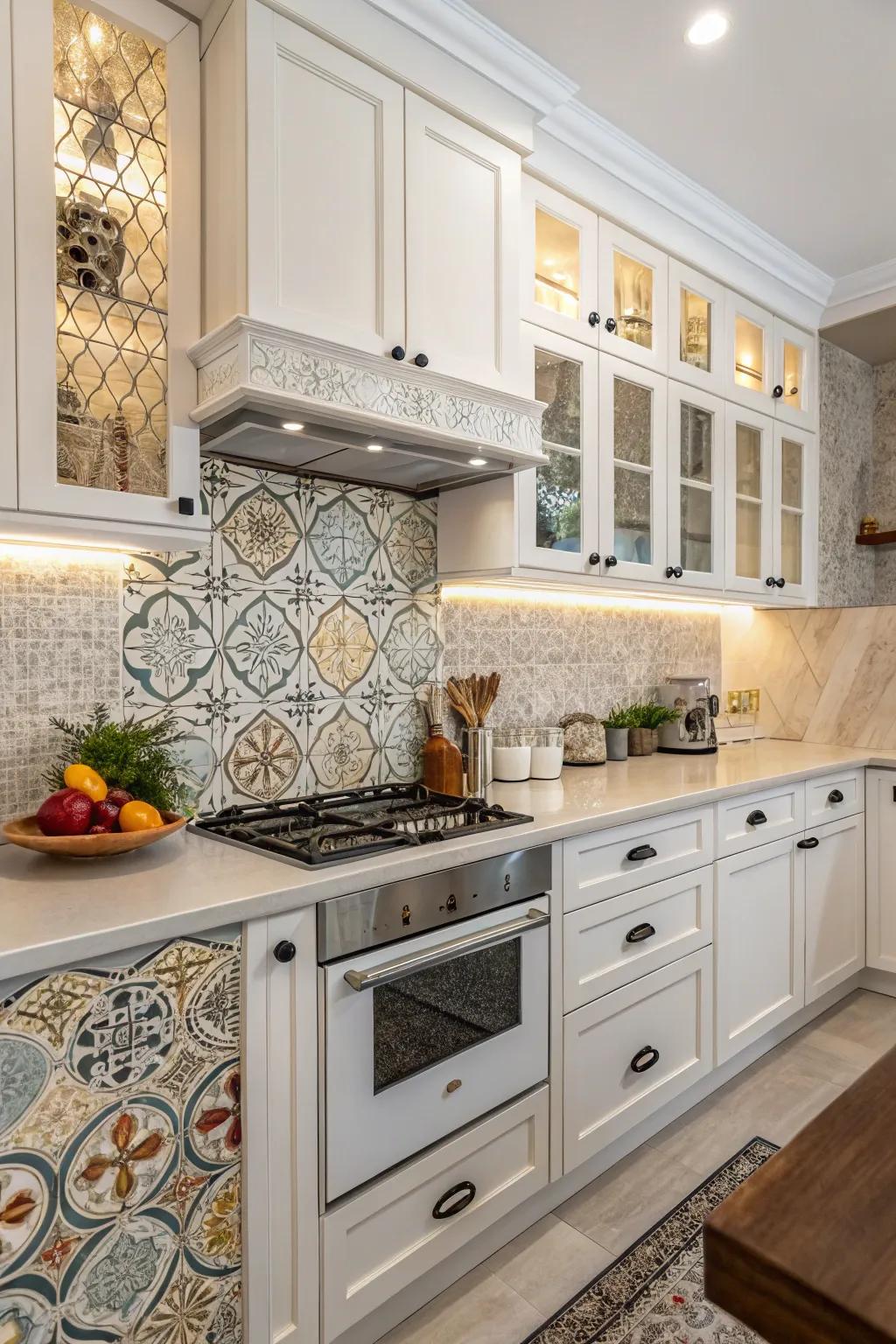 Create interest using a blend and match texture composite backsplash.