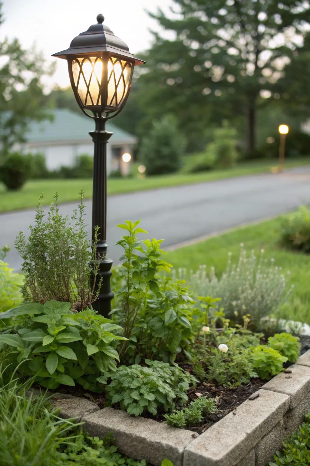 A practical spice patch surrounding a lamp post.