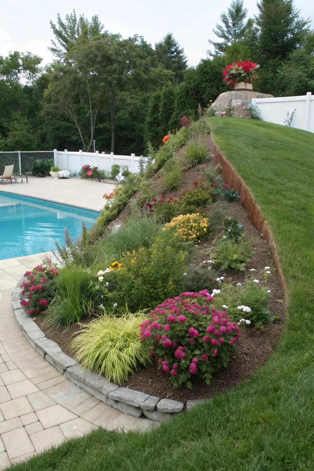Grades and slopes offer a natural and subtle solution to conceal pool equipment.