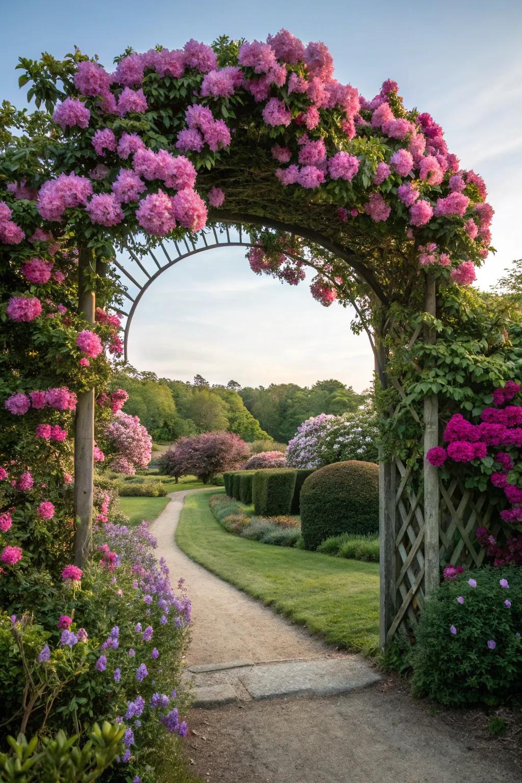 An enchanting rhododendron gateway engendering a whimsical entry.