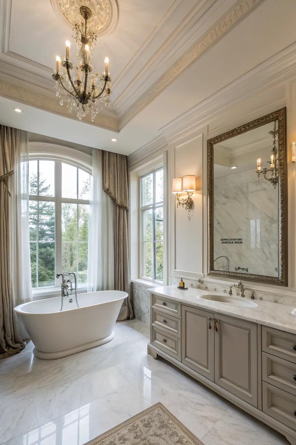 A lavish bathing area enhanced by ample sized crown shaping, establishing a spa-resembling ambiance.