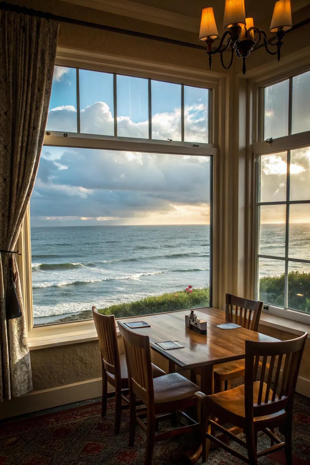 A dining area window perfectly outlining any beautiful sea view.
