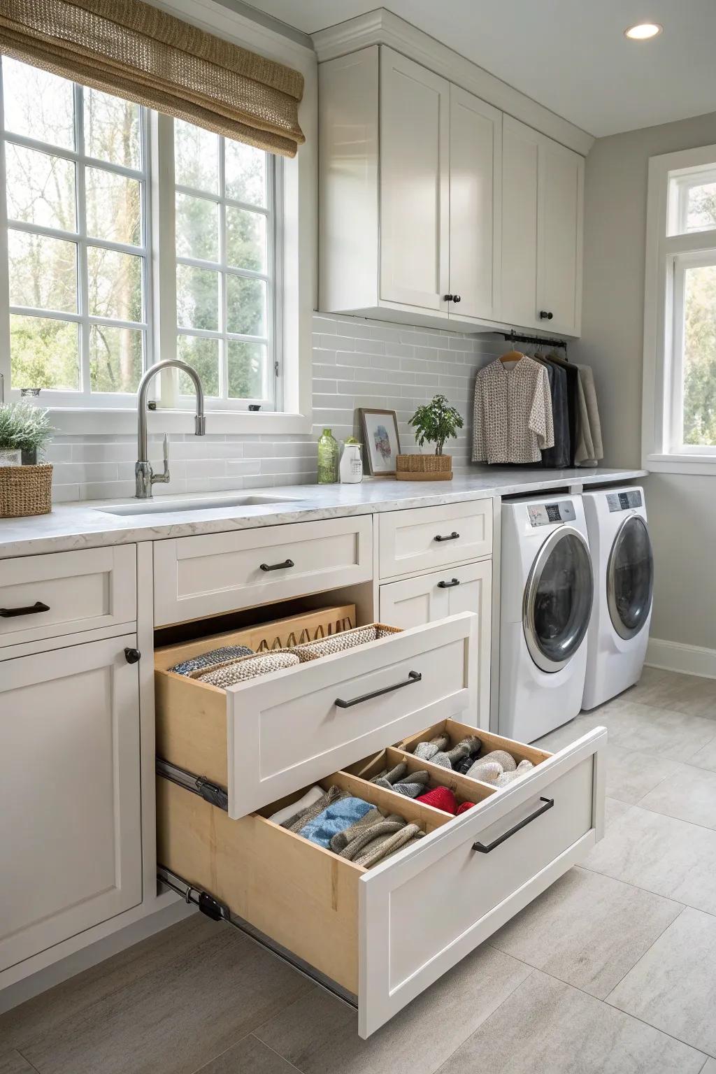Pull-out drying racks deliver a space-efficient alternative for air-drying clothes.