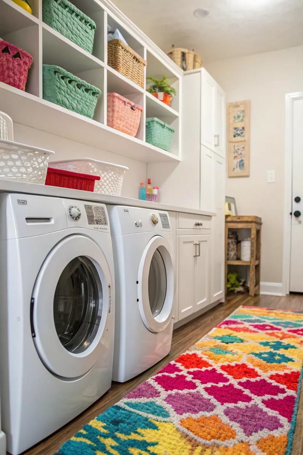A vibrant rug livens up the laundry area.