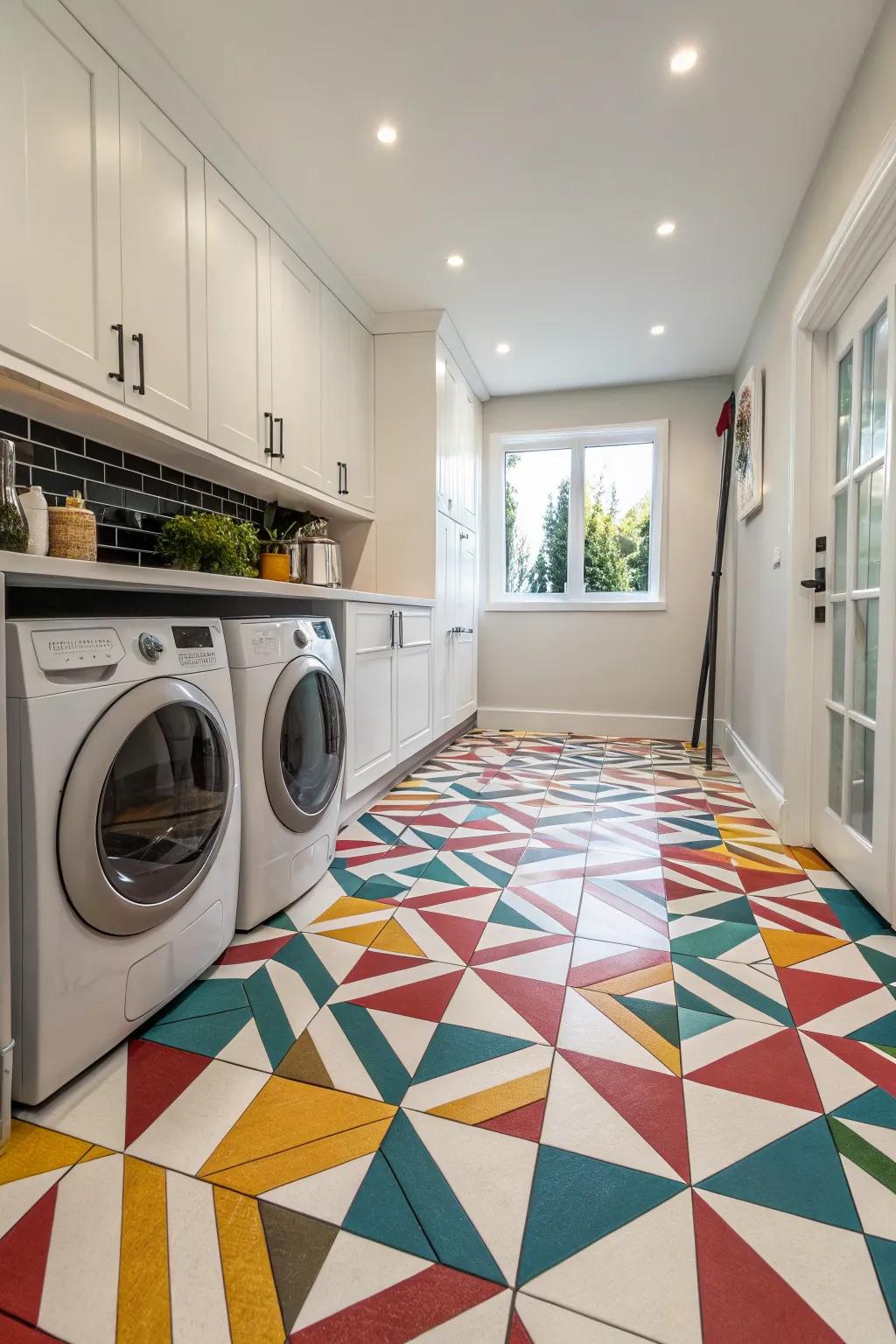 Striking flooring brings a dramatic touch to the laundry room.