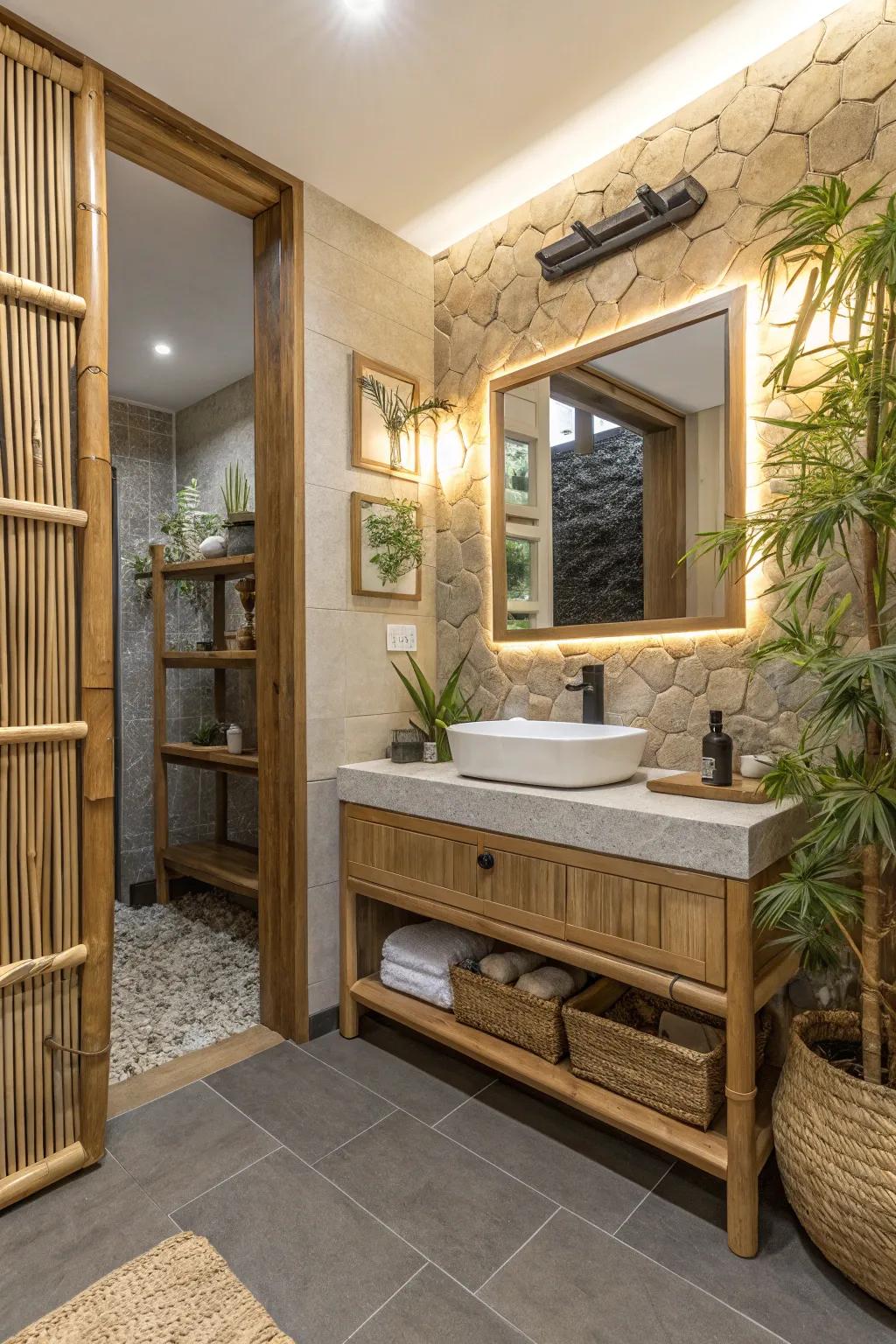 An eco-friendly lavatory featuring a bamboo-accented light-emitting diode reflective surface.
