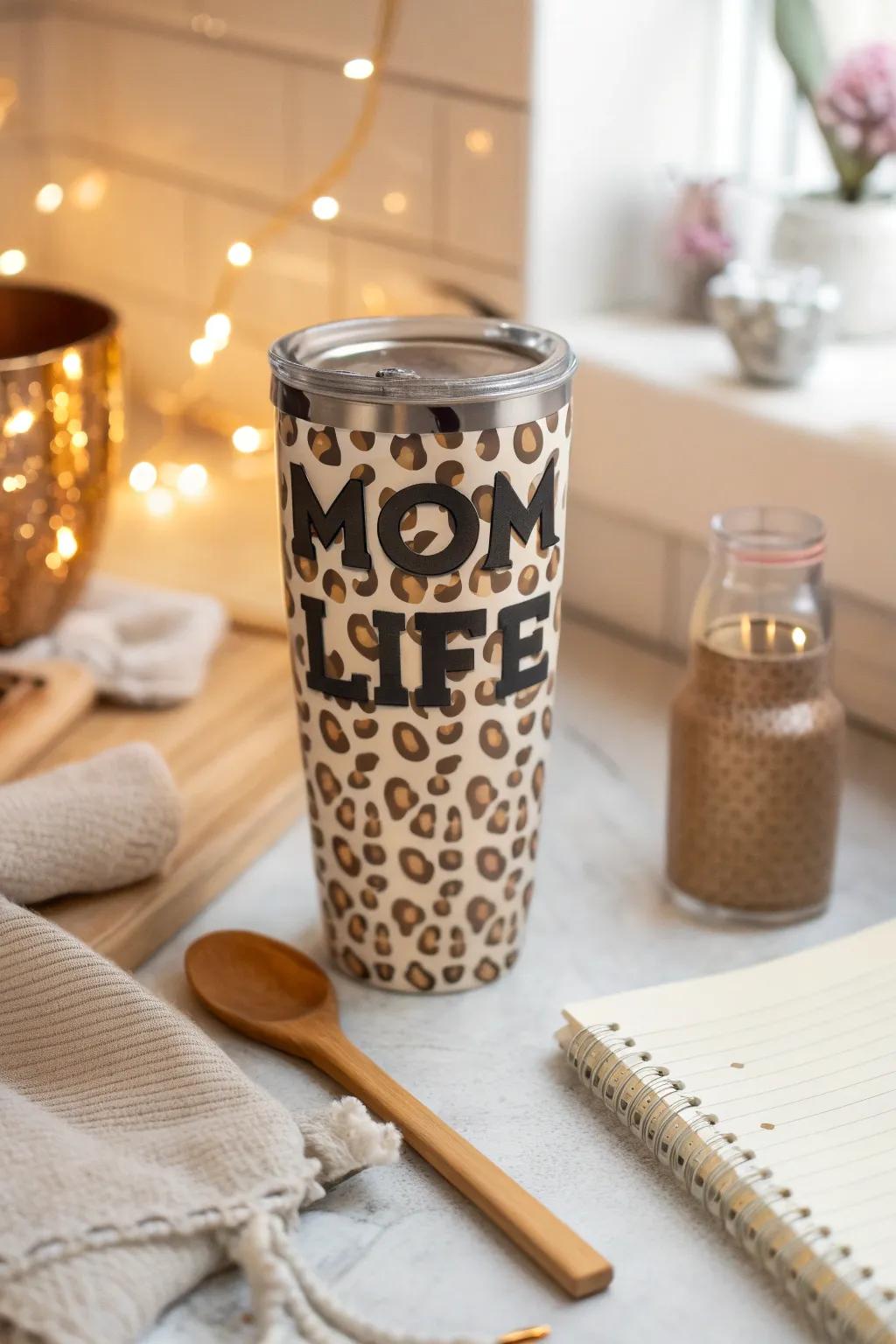 A 'Mom Life' themed leopard print cup that's perfect for busy moms.