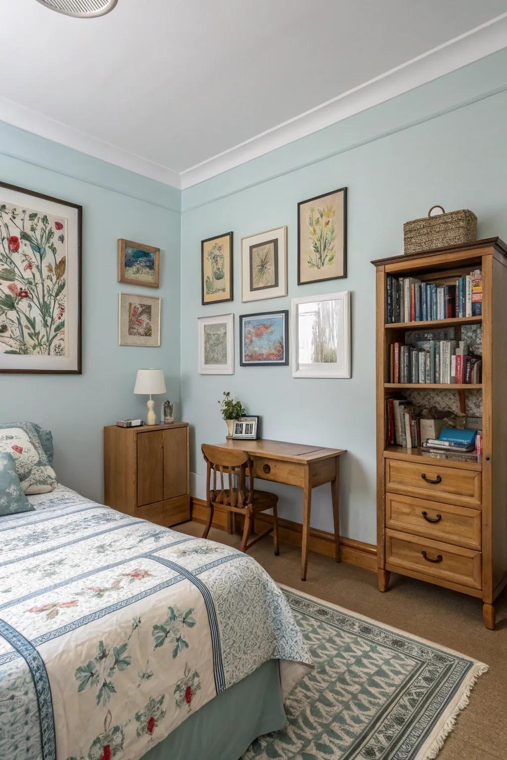 A bedroom where light blue walls serve as a canvas for displaying art and personal collections.