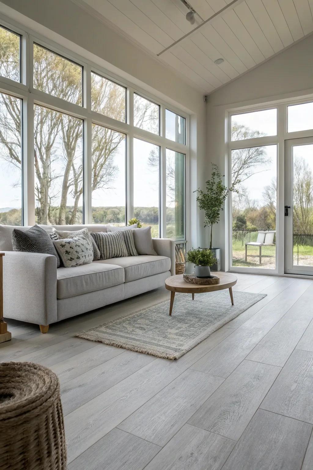 A bright living room with light grey flooring and ample natural light.