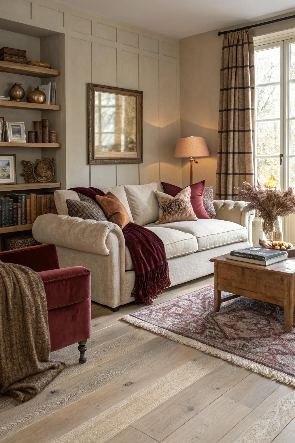 A living room that uses textural layering to enhance the visual interest of light wood floors.
