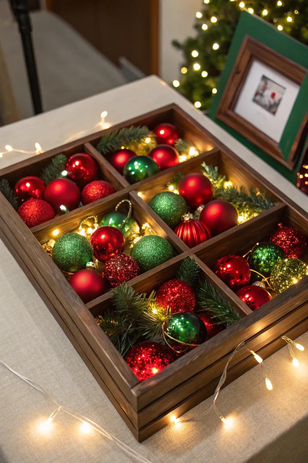 Timeless scarlet and verdant Christmas shadow box