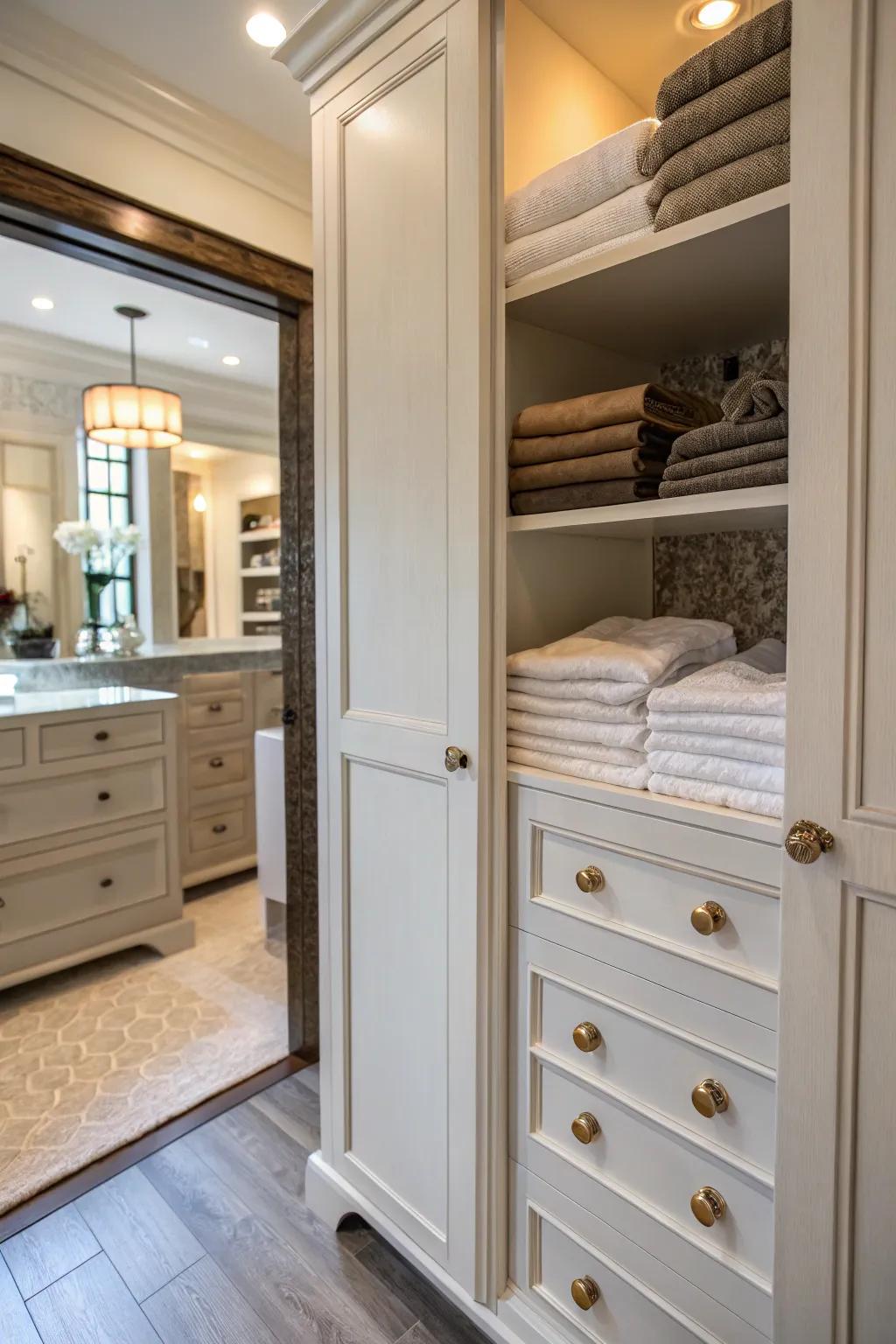 Decorative knobs and pulls add personal flair to a linen closet.