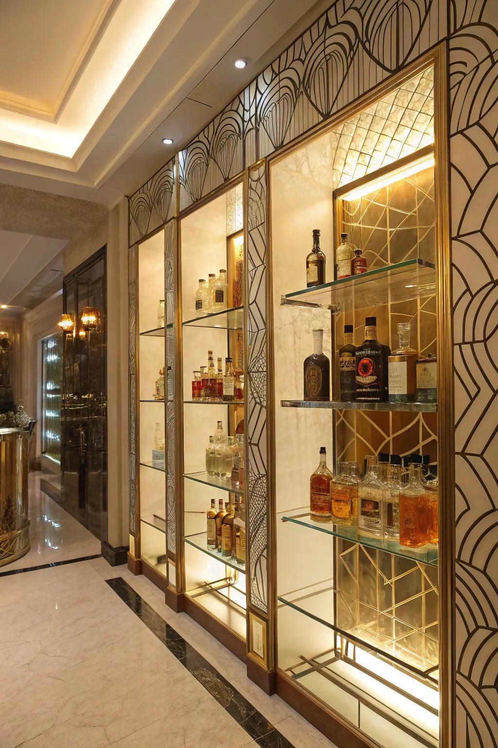 Art deco elegance with glass shelving.