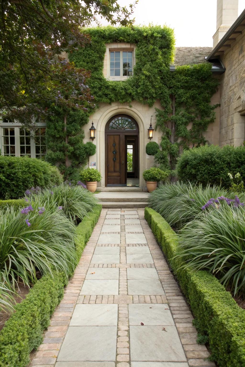 Charming home entrance framed by liriope, welcoming guests.