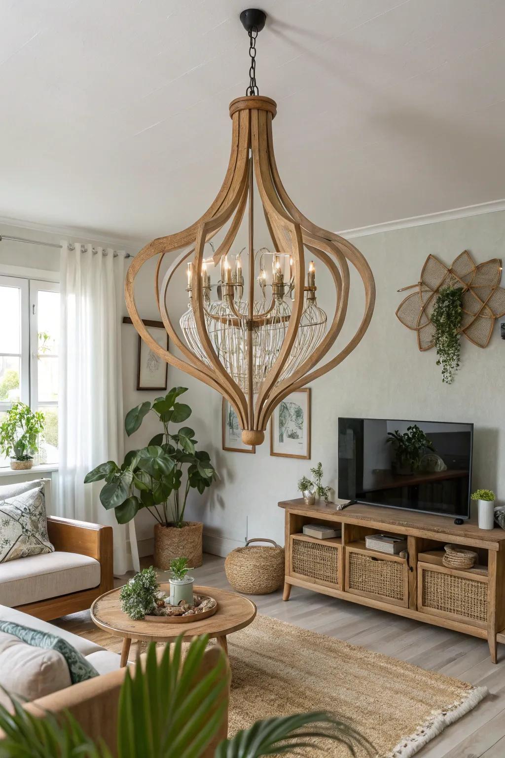 A living room with an overhead light featuring natural shapes and natural influences.
