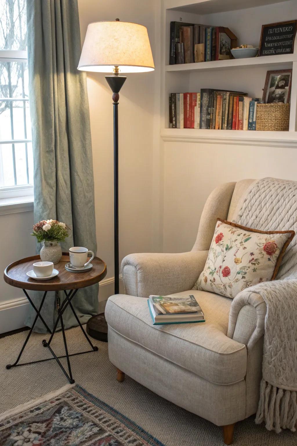 A cozy corner in a family room illuminated by a standing lamp.