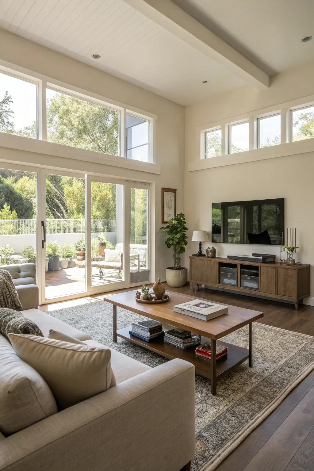 A spacious and organized living space that feels airy and uncluttered.