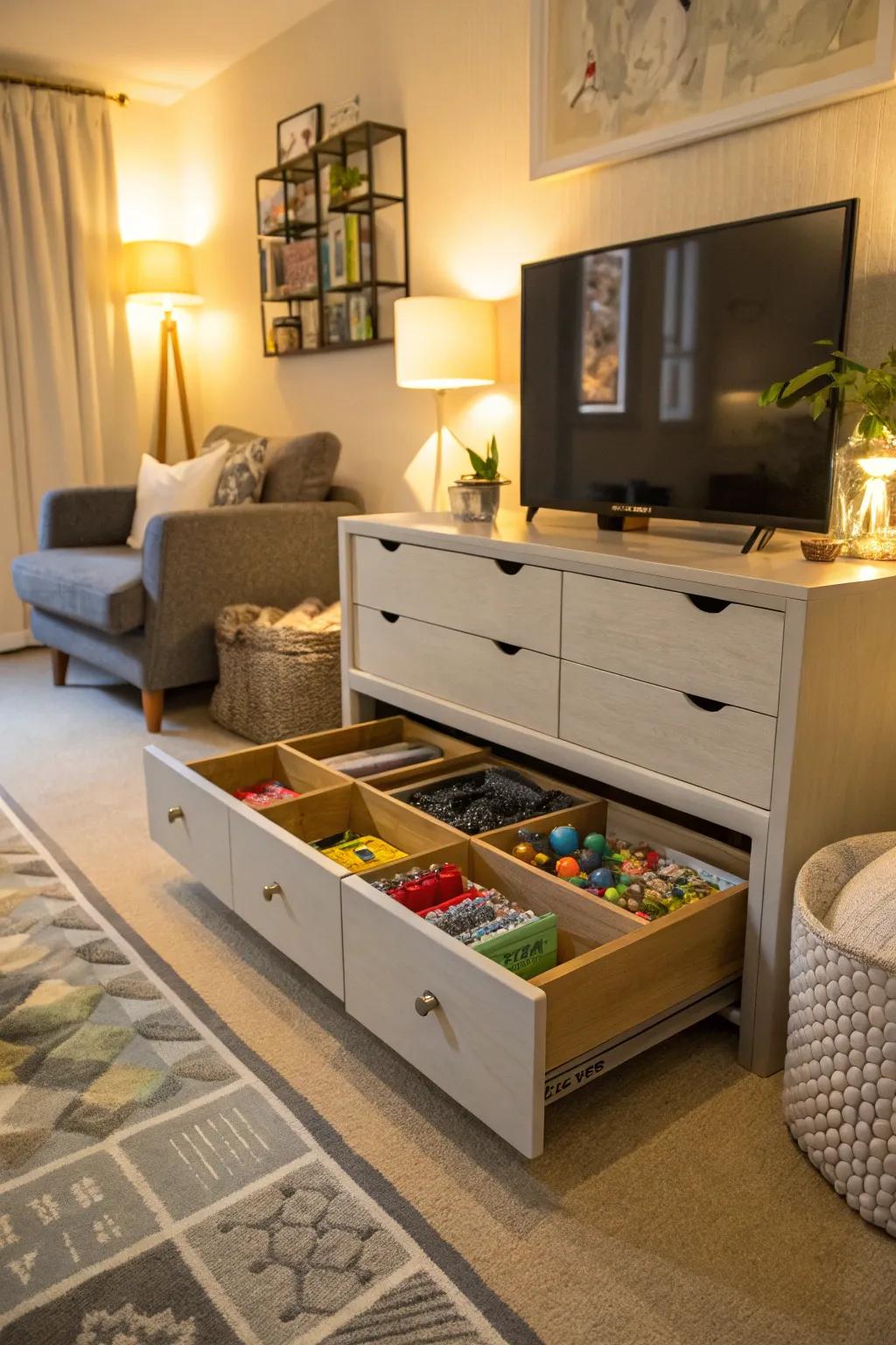 Drawer units provide organized and accessible toy storage.