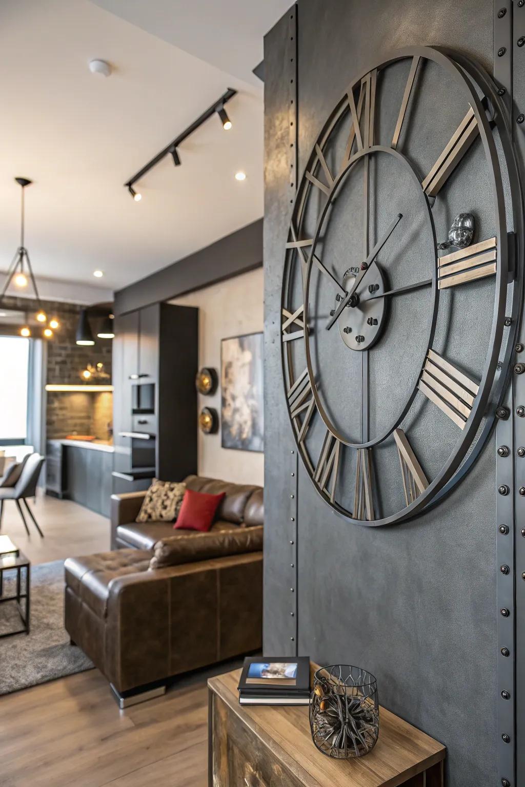 An industrial-style wall clock gives a cool, urban vibe to the living area.