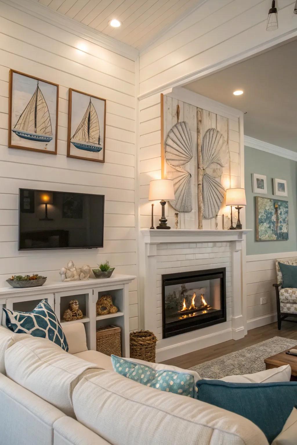Seaside plank panels evoke a tranquil, coastal atmosphere.
