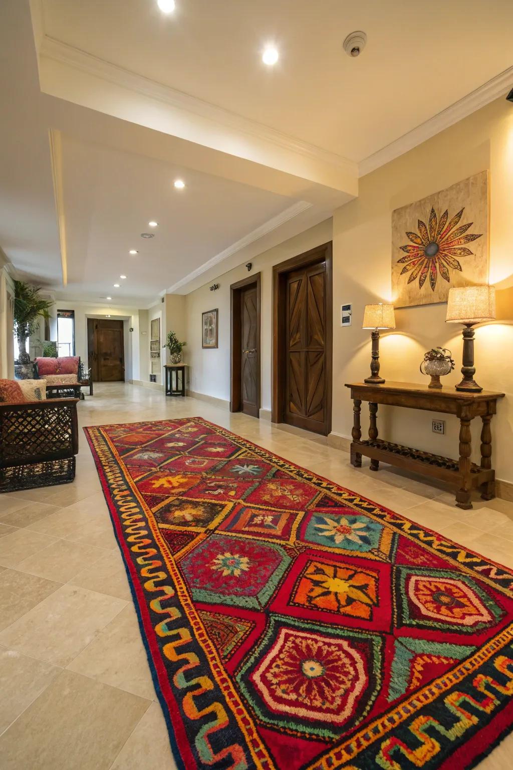 A lobby enlivened with a vibrant rug