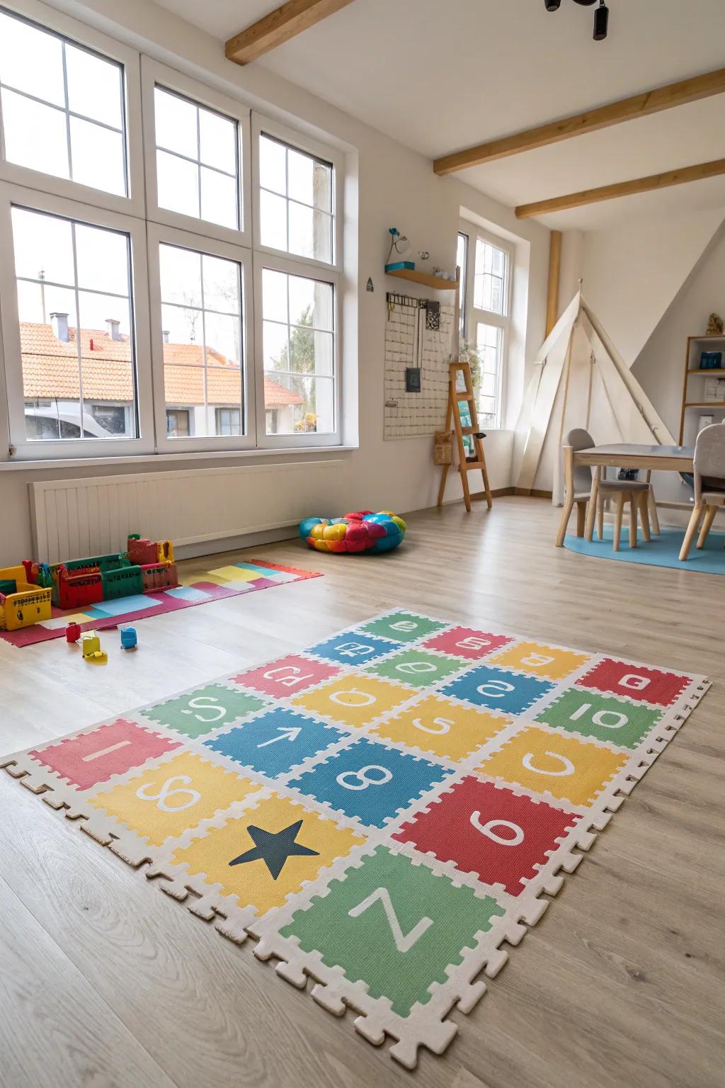 An interactive floor covering stimulates playful locomotion.