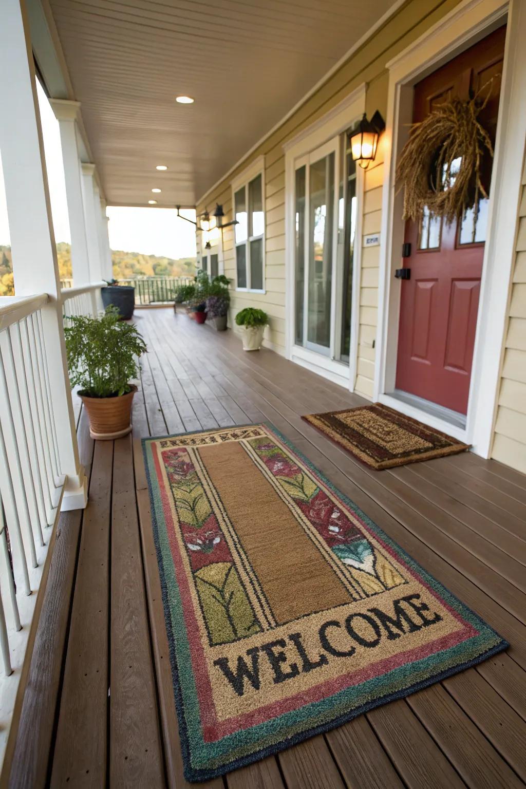 Layered mats create a welcoming and inviting entrance to any porch.